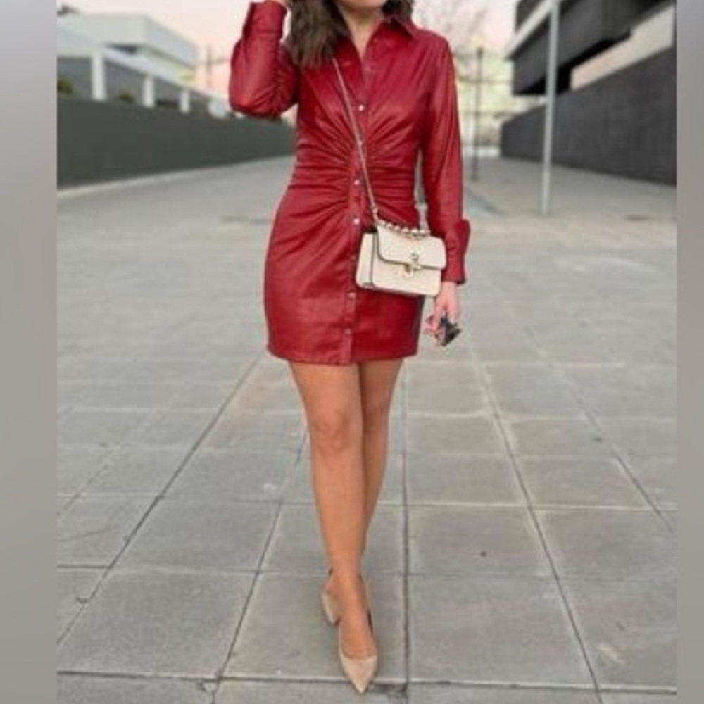 Zara Red Leather Shirt Dress or Jacket - Preloved - Picture 3 of 7